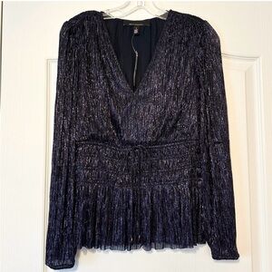 WHBM Metallic V-neck Peplum Blue Top Size S